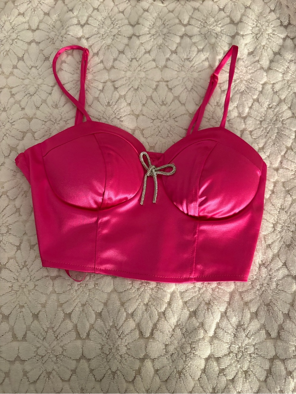 Hot Pink Satin Bustier Crop Top with Rhinestone Bow Accent